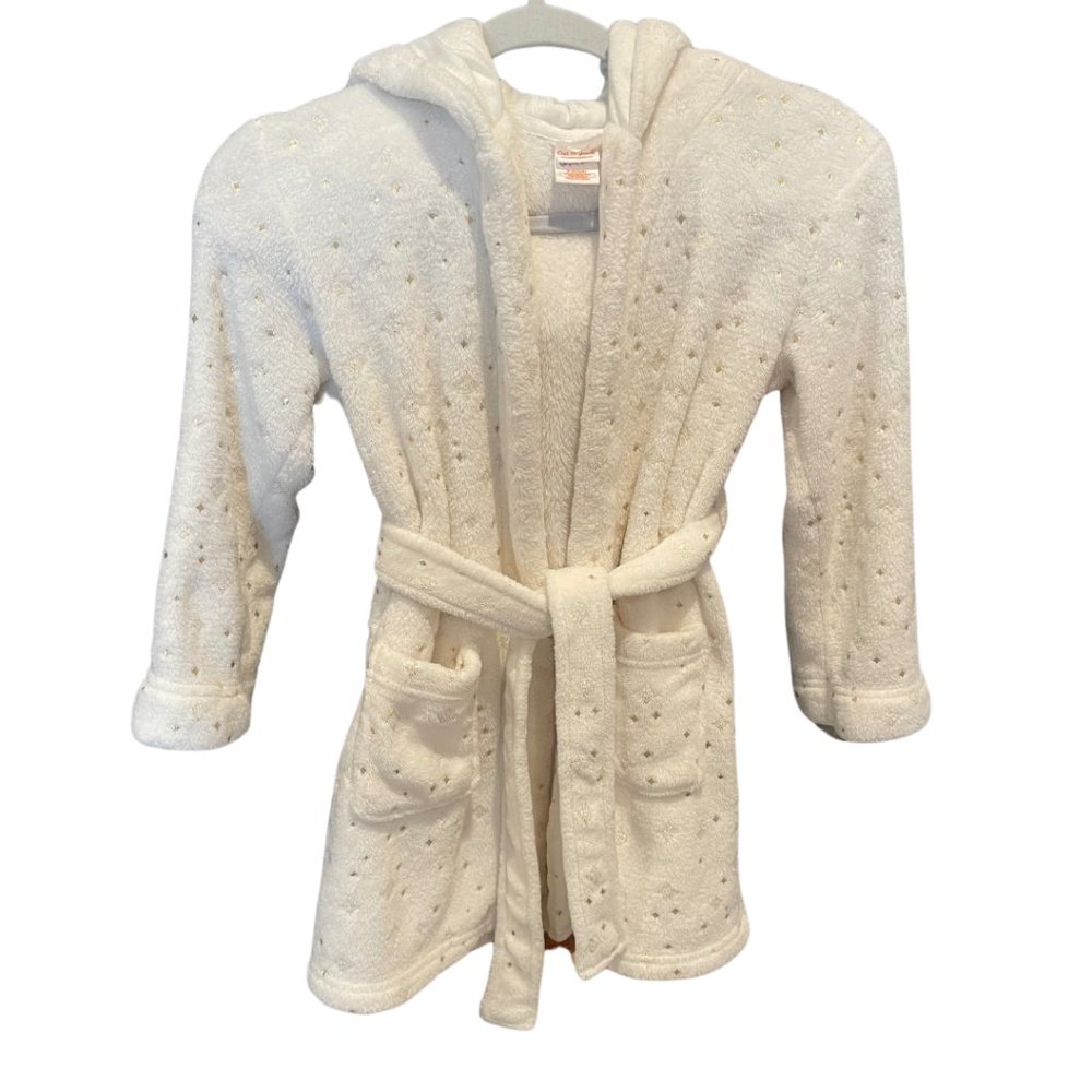 Cat &Jack Girls Hooded white Bath Robe with gold stars Size 6/6X pockets
